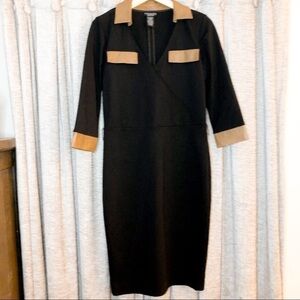 Doncaster Collection Black Collared Faux Wrap Dress with Leather Trim Size 2